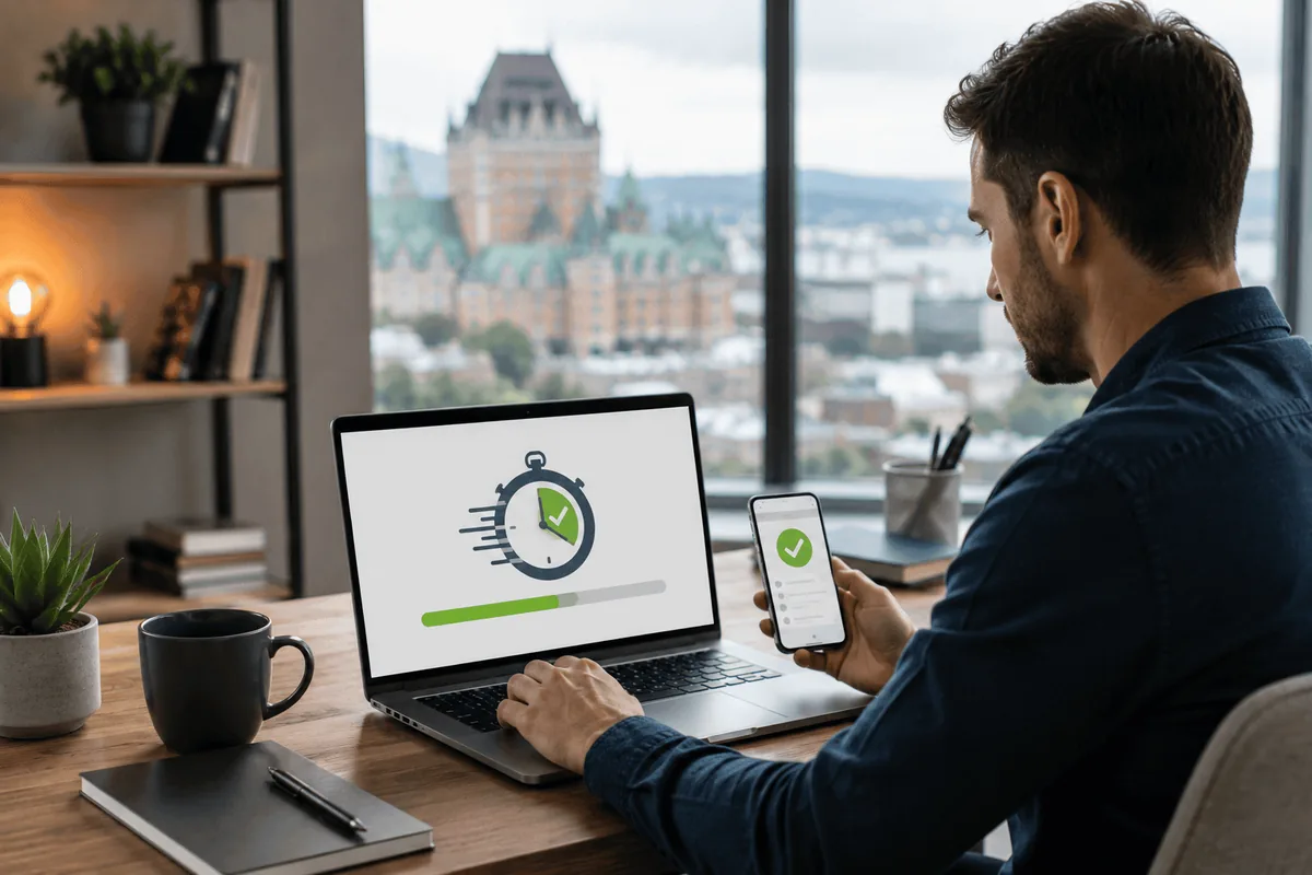 Client qui compare le TAEG d'un crédit express en ligne encadré au Québec